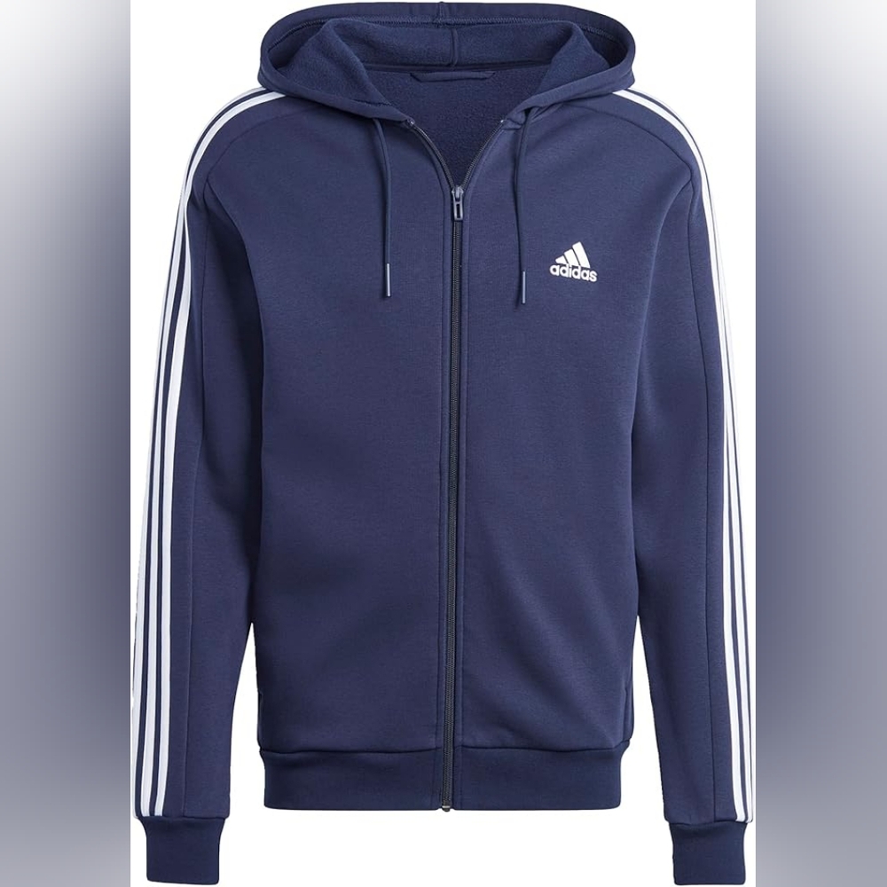 adidas Mens Essential Fleece 3-Stripe Full Zip Hoodie Jacket Navy Size Large NWT - Picture 1 of 3